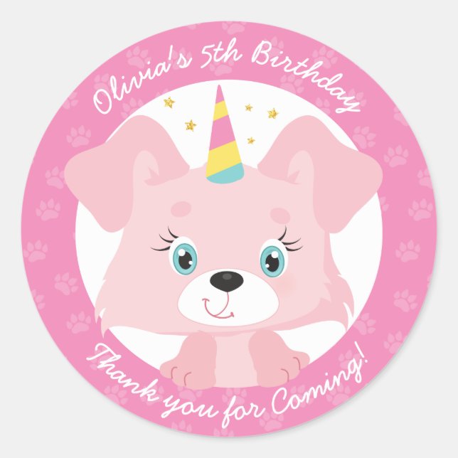 Unicorn Puppy Birthday Classic Round Sticker (Front)
