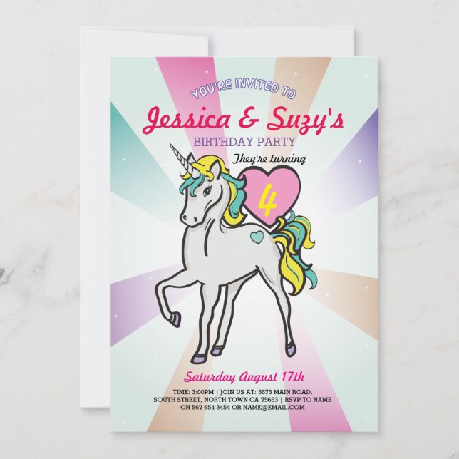 Unicorn Purple Birthday Party Twins Girls Invite (Front)