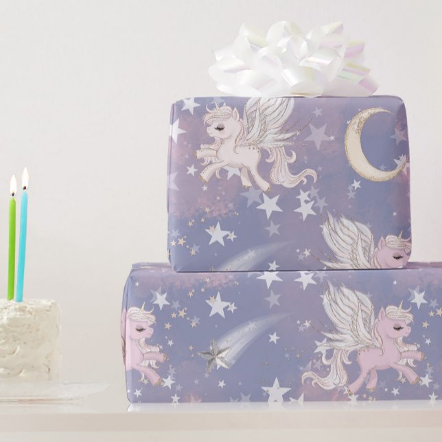 Unicorn Purple Cute Girl Whimsical Stars  Wrapping Paper (Creator Uploaded)