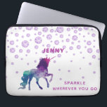 Unicorn purple diamonds white sparkle name quote laptop sleeve<br><div class="desc">A fantasy multicolored unicorn in turquoise,  purple and a bit pink for an uniorn believer.  Ultra violet diamonds on a chic white background. Template for a name. Purple script and the text: Sparkle wherever you go.  Use your back-space key if you want the bag without a name.</div>