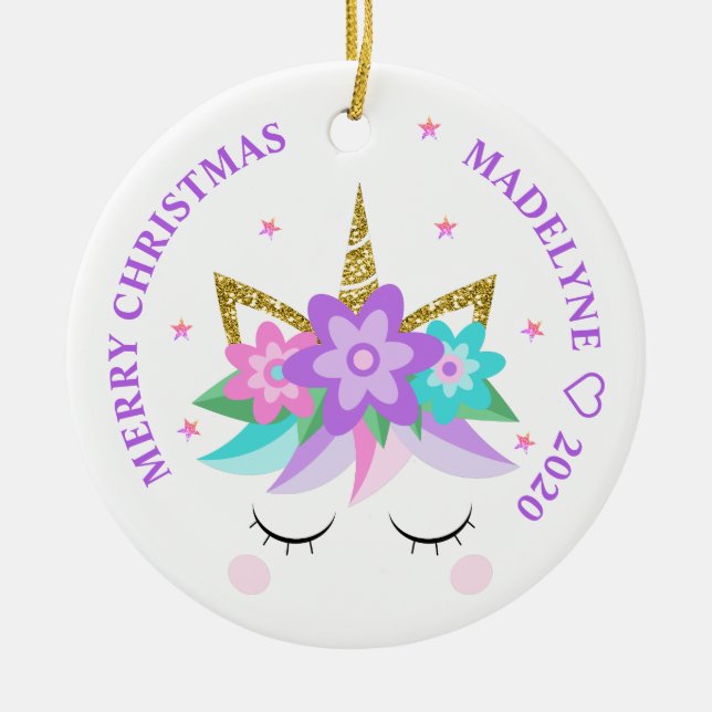 Unicorn Purple Flowers Glitter Personalised Name Ceramic Tree Decoration (Front)