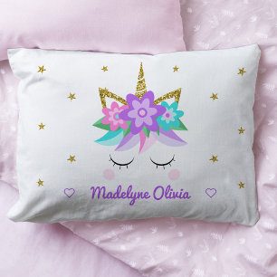 Unicorn Purple Flowers Glitter Stars Personalised Pillowcase
