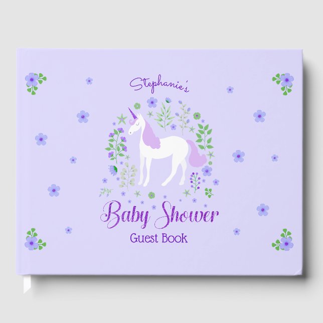 Unicorn Purple Glitter Personalised Baby Shower Guest Book (Front)