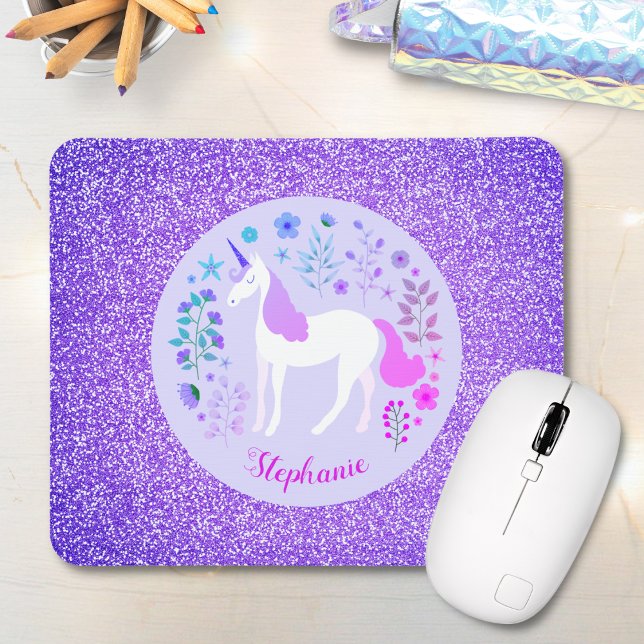 Unicorn Purple Glitter Personalised Name Mouse Pad (Creator Uploaded)