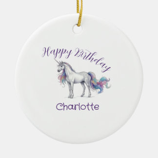 unicorn purple maron happy birthday kids name cute ceramic tree decoration