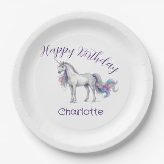 unicorn purple maron happy birthday kids name cute paper plate