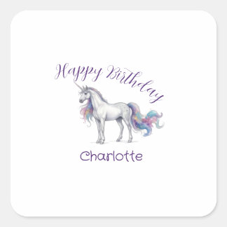 unicorn purple maron happy birthday kids name cute square sticker