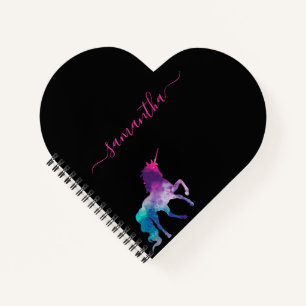 Unicorn purple pink black monogram script notebook
