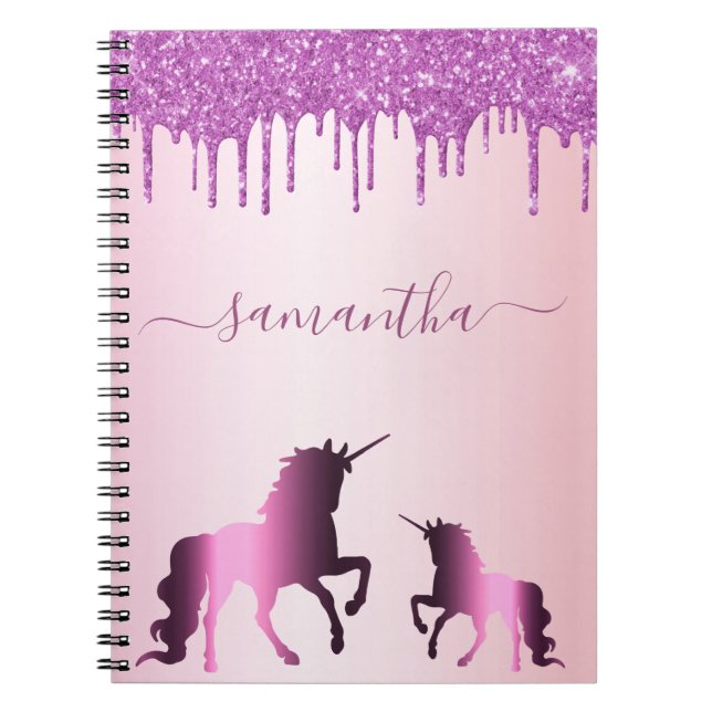 Unicorn purple pink glitter name script notebook (Front)