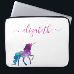 Unicorn purple pink white monogram script laptop sleeve<br><div class="desc">A fantasy unicorn in turquoise, purple and a bit pink for a teen girl. White background. Personalize and add your name. The name is written with a large modern hand lettered style script. Purple colored letters. To keep the swashes only delete the sample name, leave the spaces or emoji's in...</div>