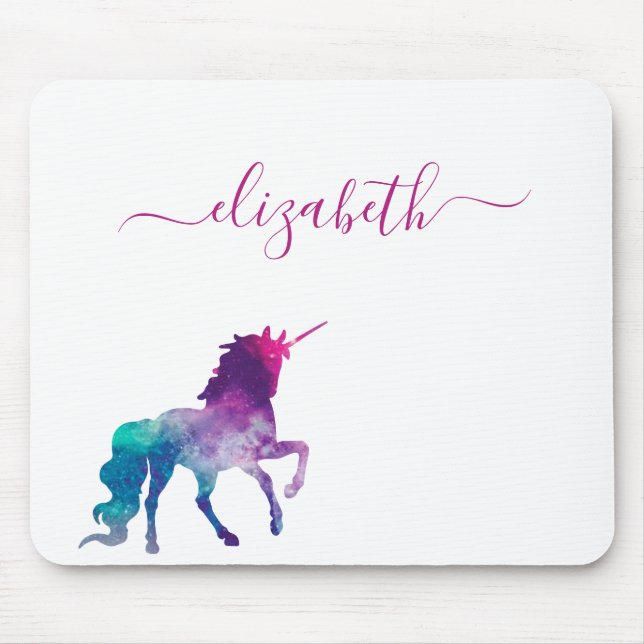 Unicorn purple pink white monogram script mouse pad (Front)