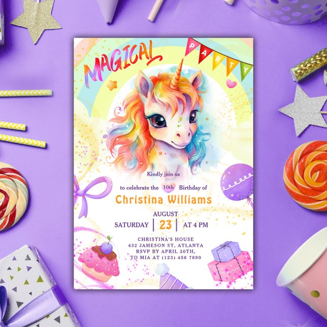 Unicorn Purple Rainbow Birthday Invitation (Unicorn Purple Rainbow Birthday Invitation)