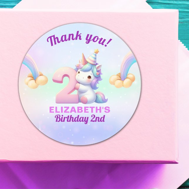 Unicorn Rainbow 2nd Birthday Party Decoration Classic Round Sticker (Creator Uploaded)