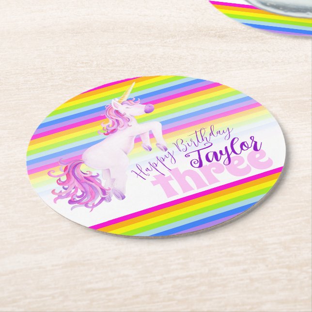 Unicorn rainbow 3rd birthday party coasters (Angled)