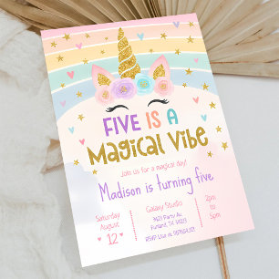 Unicorn Rainbow 5th Birthday Invitation