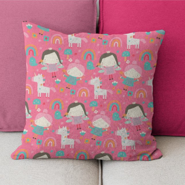 Unicorn Rainbow And Faerie Coordinating Pattern Cushion (Unicorn Rainbow And Faerie Coordinating Pattern Throw Pillow by Ricaso. Pretty pink childs pillow)