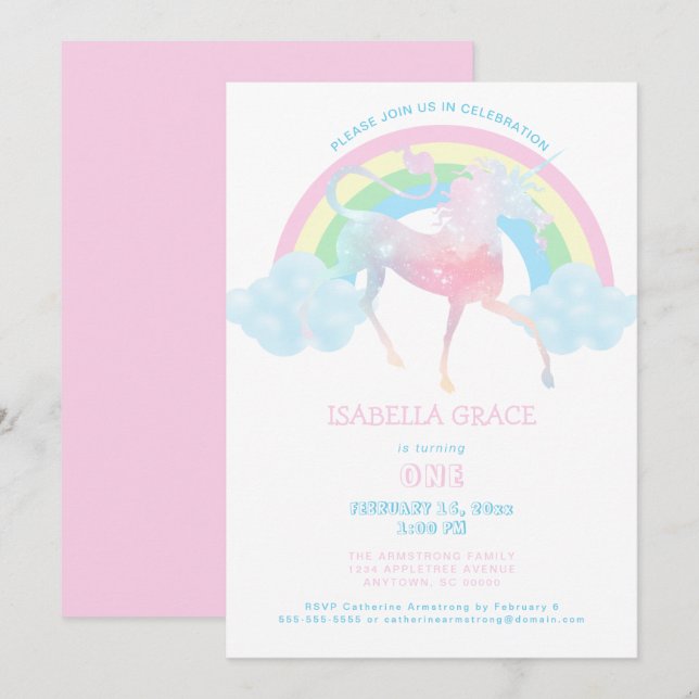 Unicorn Rainbow Baby Girl 1st Birthday Invitation (Front/Back)