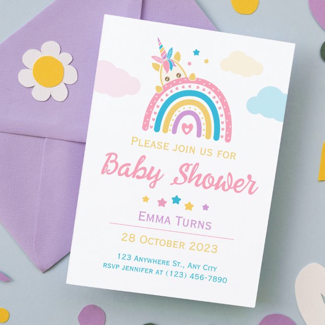 Unicorn Rainbow Baby Shower Girl Invitation (Creator Uploaded)