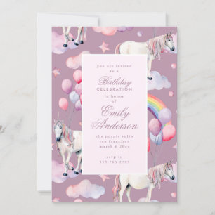 Unicorn Rainbow Balloons Pink Birthday Party Girl Invitation
