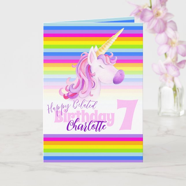 Unicorn rainbow belated 7th Birthday card (Orchid)