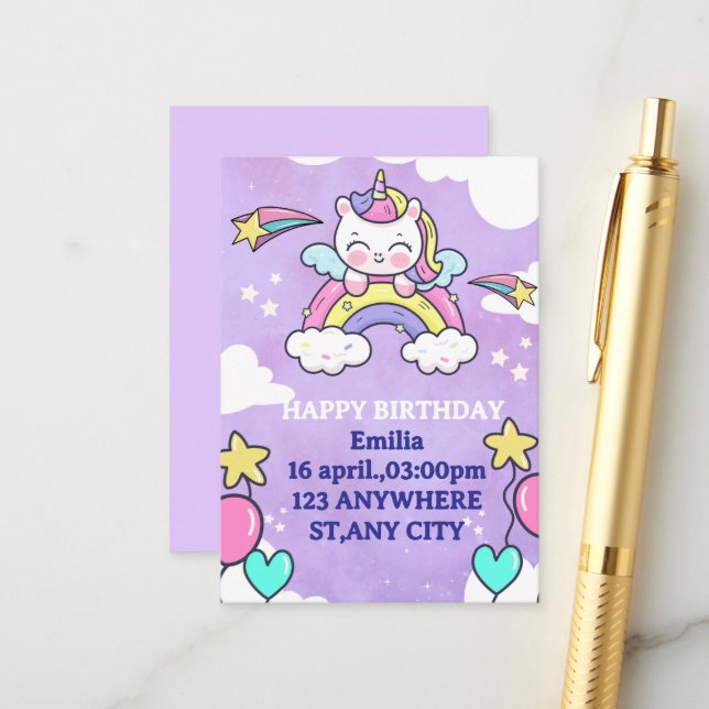 Unicorn Rainbow Birthday Invitation Enclosure Card (Front/Back In Situ)