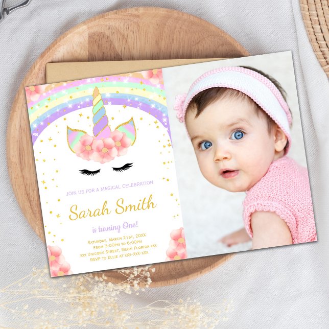 Unicorn Rainbow Birthday Invitation with photo (Pink Flower Unicorn Invitations with photo)