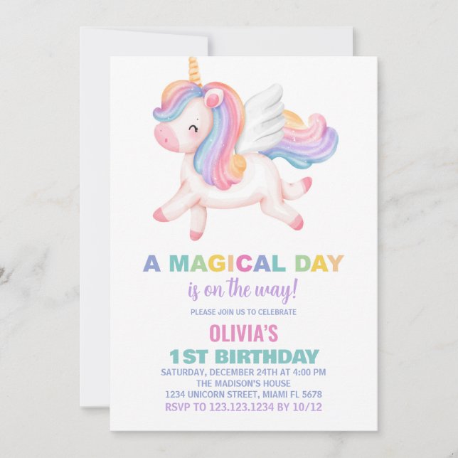Unicorn Rainbow Birthday Invitations (Front)