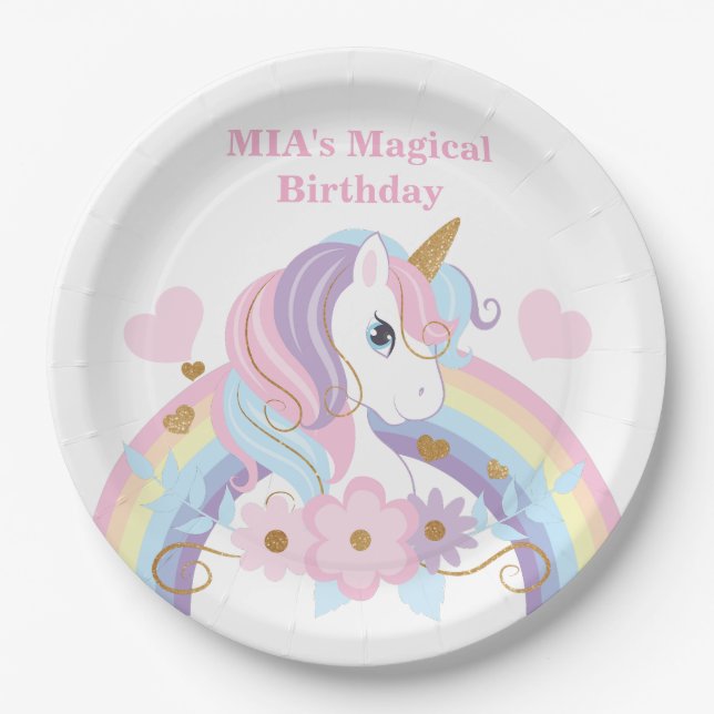 Unicorn Rainbow Birthday Paper Plates Custom Name (Front)