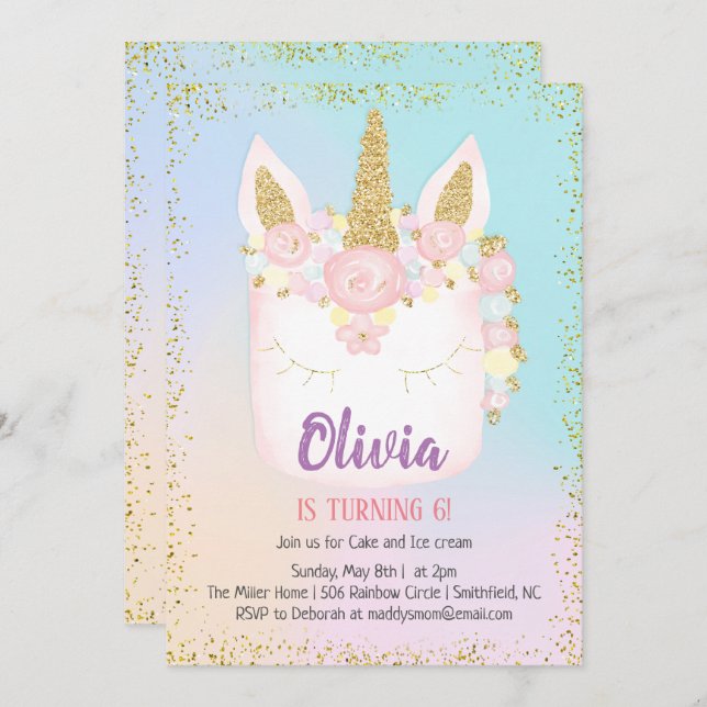 Unicorn Rainbow Cake Birthday Invitation (Front/Back)