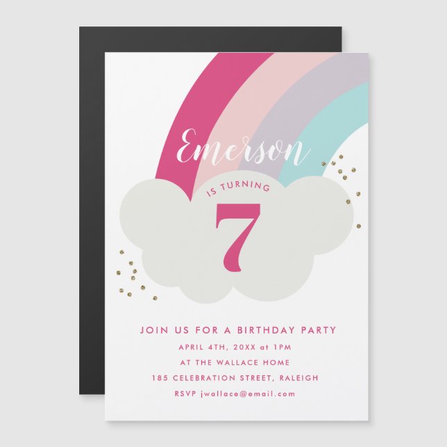 Unicorn rainbow cloud childrens birthday magnetic invitation (Front/Back)