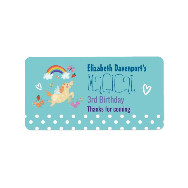 Unicorn Rainbow Clouds and Flowers Birthday Thanks Label (Front)