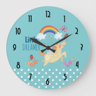 Unicorn Rainbow Clouds and Flowers Little Dreamer Large Clock