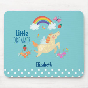 Unicorn Rainbow Clouds and Flowers Little Dreamer Mouse Pad