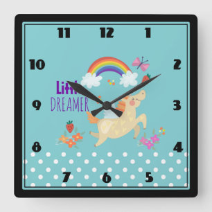 Unicorn Rainbow Clouds and Flowers Little Dreamer Square Wall Clock