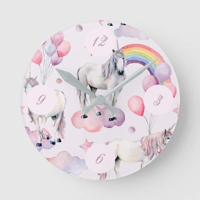 Unicorn Rainbow Clouds Pink FairyTale Balloon Girl Round Clock (Front)