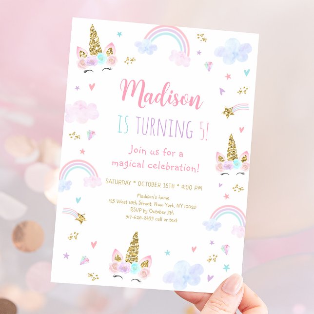 Unicorn Rainbow Clouds Pink Gold Birthday Invitation (Creator Uploaded)