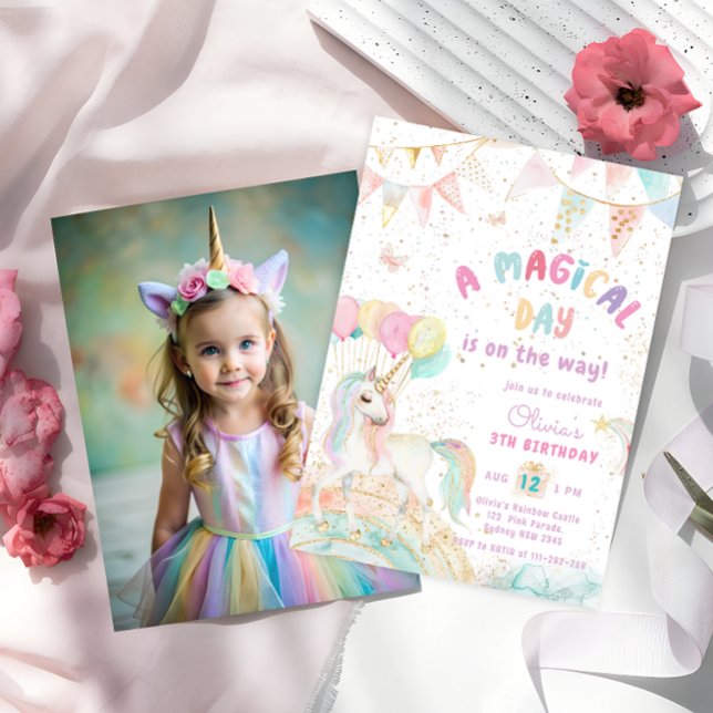 Unicorn Rainbow Cute Pastel Photo Birthday Invitation (Creator Uploaded)
