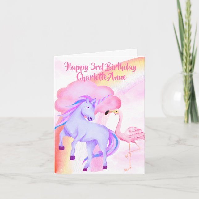 Unicorn Rainbow Flamingo Girls 3rd Birthday Card (Front)