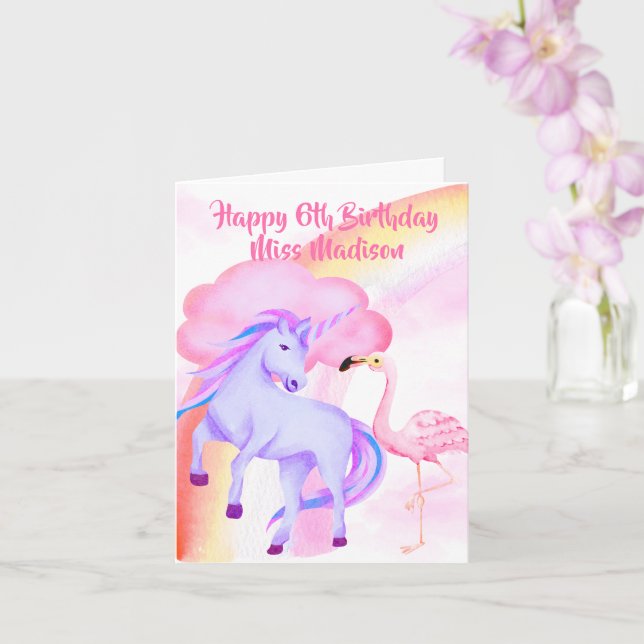 Unicorn Rainbow Flamingo Girls 6th Birthday Card (Orchid)