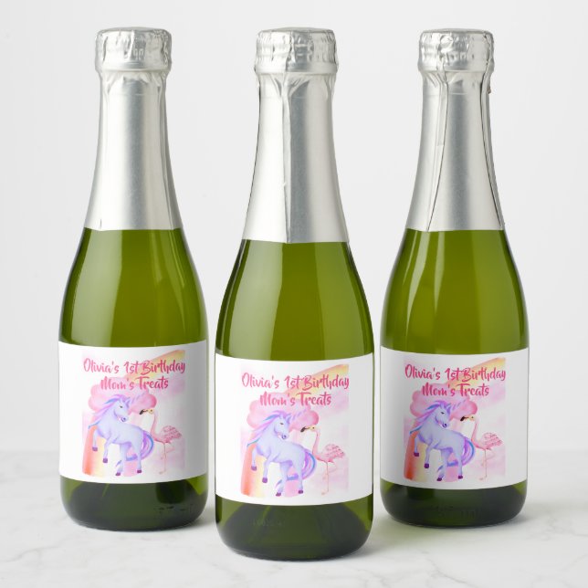Unicorn Rainbow Flamingo Girls Birthday Party Mum Sparkling Wine Label (Bottles)