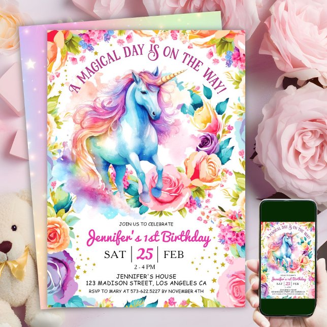Unicorn Rainbow Floral Bloom | 1st Birthday Invitation (#UnicornBirthdayInvitation #UnicornBirthdayInvitationTemplate #UnicornBirthdayInvitationEditable 
)