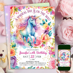 Unicorn Rainbow Floral Bloom   8th Birthday  Invitation