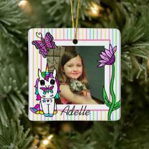 Unicorn,  Rainbow, Flower Name and Photo Christmas Ceramic Ornament
