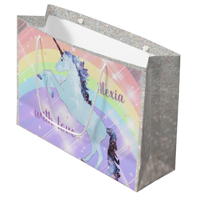 Unicorn, rainbow, for girls, children's, festive, large gift bag (Front Angled)
