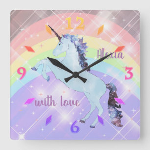 Unicorn, rainbow, for girls, children's, festive,  square wall clock