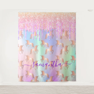 Unicorn rainbow glitter drips pink photo backdrop tapestry