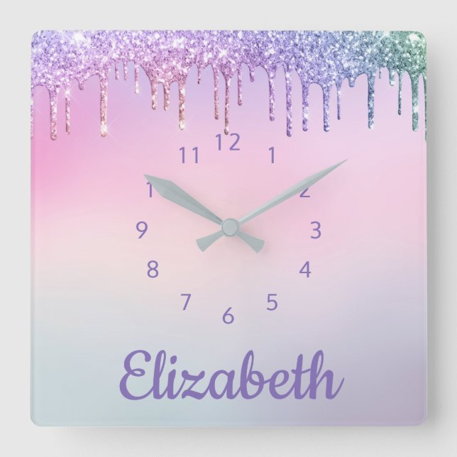 Unicorn Rainbow Glitter Personalised Square Wall Clock (Front)
