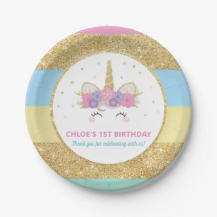 Unicorn Rainbow Gold Glitter Birthday Party Paper Plate