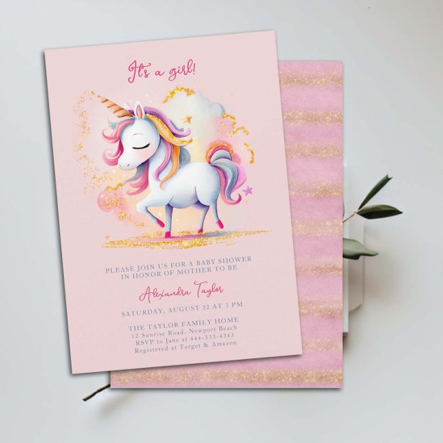 Unicorn Rainbow Gold Glitter Cloud Girl Baby Showe Invitation (magical unicorn baby girl shower invitation watercolor illustration rainbow clouds glitter gold chic)