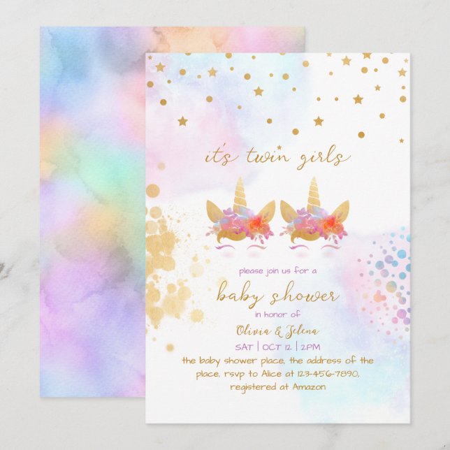 Unicorn Rainbow Gold Glitter Twin Girl Baby Shower Invitation (Front/Back)